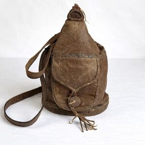 Retro Distressed Brown Neutral Vegan Leather Braided Boho Bucket Backpack